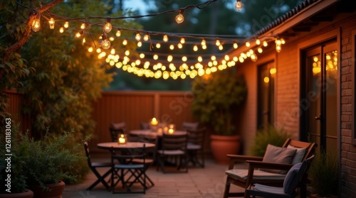 A beautiful display of string lights elegantly draped across a cozy outdoor space