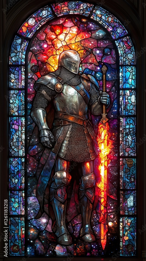 Fototapeta premium Stained glass depiction of a knight in shining armor holding a flaming sword, set against a cosmic background of galaxies and nebulae.