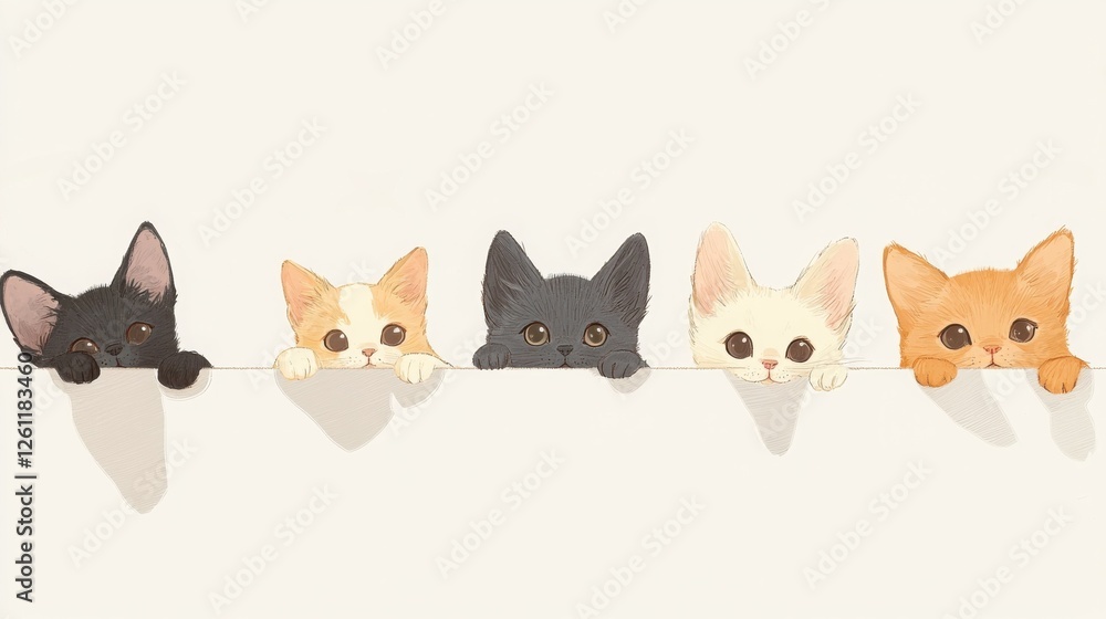 An adorable illustration featuring five cartoon cats peering over a white edge. The cats have various colors and big, endearing eyes. An adorable illustration featuring five cartoon cats peering over a white edge. The cats have various colors and big, endearing eyes.