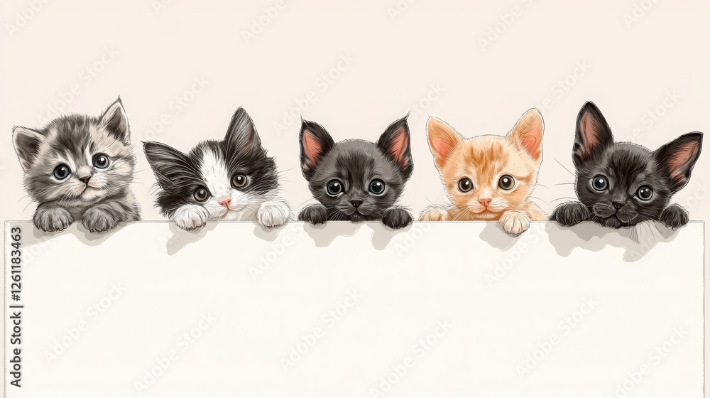 A cute collection of kittens peeking over a white ledge, displaying their adorableness in a variety of colors and fur patterns. A cute collection of kittens peeking over a white ledge, displaying their adorableness in a variety of colors and fur patterns.
