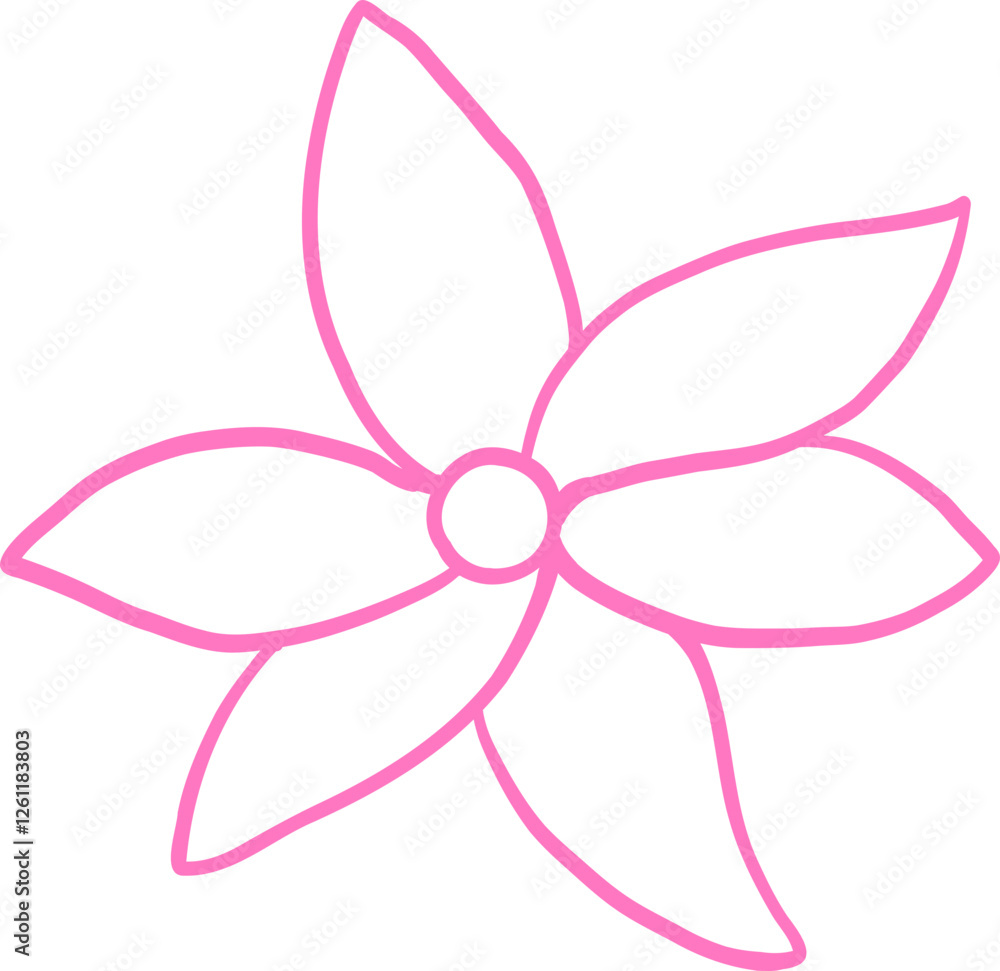 Minimalist pink line art of a five-petaled flower with a circular center. A simple floral illustration perfect for spring, botanical designs, and decorations Outline Minimalist pink line art of a five-petaled flower with a circular center. A simple floral illustration perfect for spring, botanical designs, and decorations Outline
