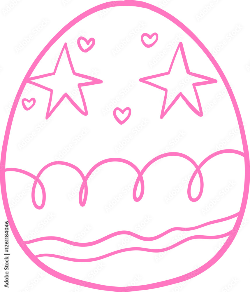 Minimalist pink line art of an Easter egg featuring star and heart decorations with wavy and looped patterns. A festive and whimsical illustration perfect for holiday designs Outline Minimalist pink line art of an Easter egg featuring star and heart decorations with wavy and looped patterns. A festive and whimsical illustration perfect for holiday designs Outline
