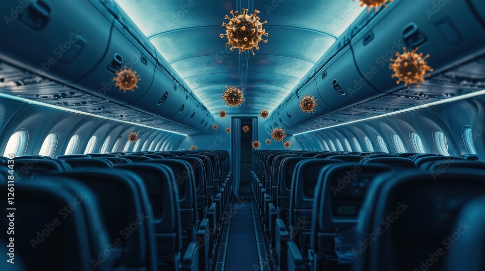 Fototapeta premium Empty airplane interior with airborne viruses raises concerns about travel health and safety protocols during pandemic era.