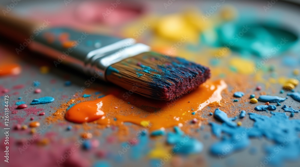 A close-up view of a paintbrush with vibrant bristles, resting on a palette filled with colorful paints A close-up view of a paintbrush with vibrant bristles, resting on a palette filled with colorful paints