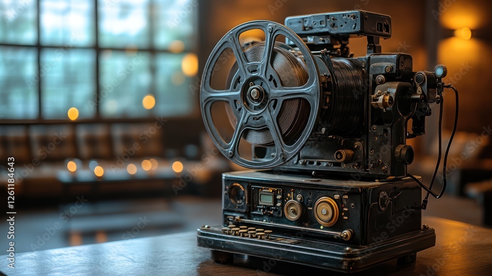 Fototapeta premium Vintage film projector on wooden table in a modern lounge