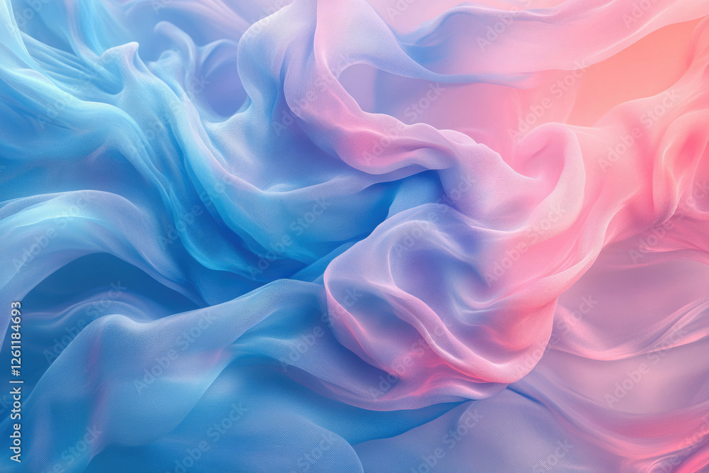 Fototapeta premium Abstract image of flowing pastel blue and pink chiffon fabric, creating a soft and dreamy aesthetic.