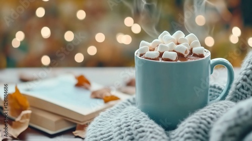 Cozy autumn day hot cocoa with marshmallows, book, sweater