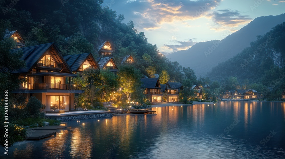 Fototapeta premium Lakeside mountain village at twilight