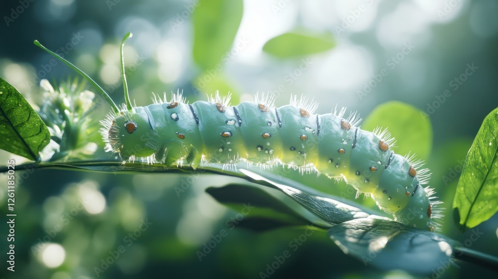 Naklejka premium Green caterpillar crawling leaf, sunlit forest
