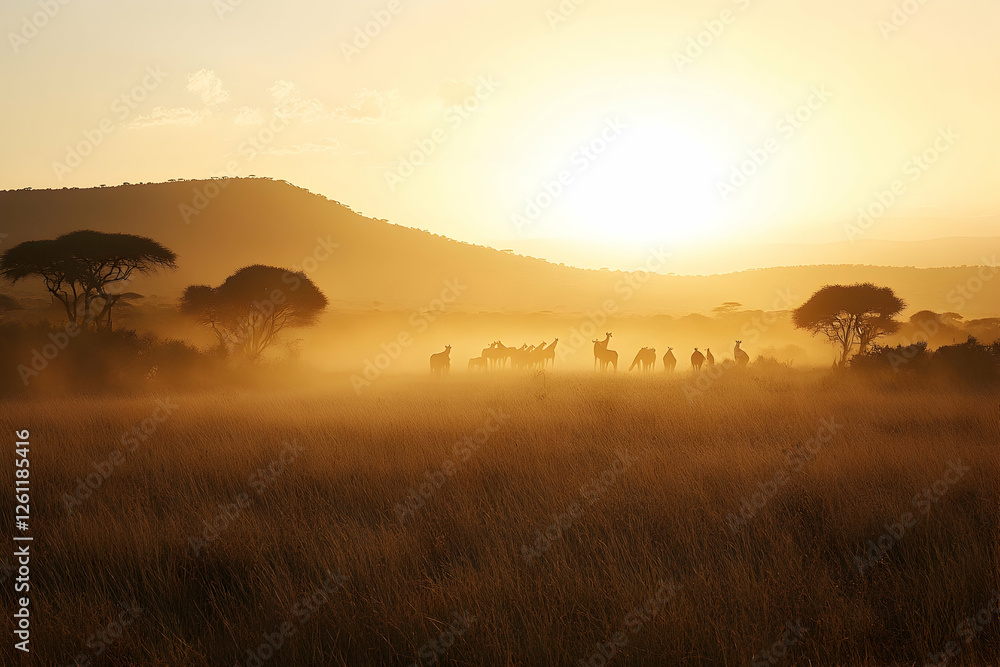 Sunrise with giraffes in the Kenyan savannah Sunrise with giraffes in the Kenyan savannah