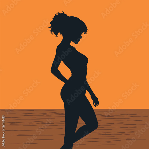silhouette of a woman on the beach at sunset. Her hair is styled in a careless bun. Background gradient of orange and yellow colors. The water reflects the colors of the sky.  the mood is peaceful 