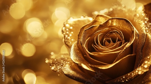 Golden rose, glistening dew, bokeh background, luxury celebration
