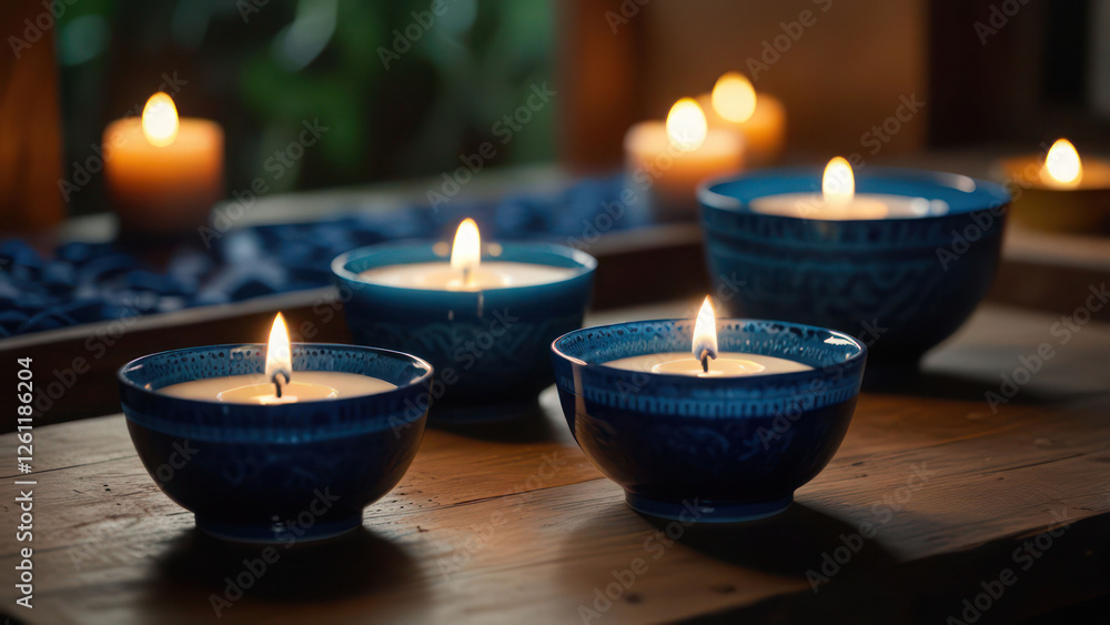 Serene Setting With Lit Candles And Blue Ceramic Bowls Background Serene Setting With Lit Candles And Blue Ceramic Bowls Background