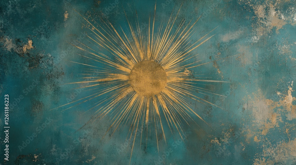 Fototapeta premium Golden sun art, teal textured background, design element