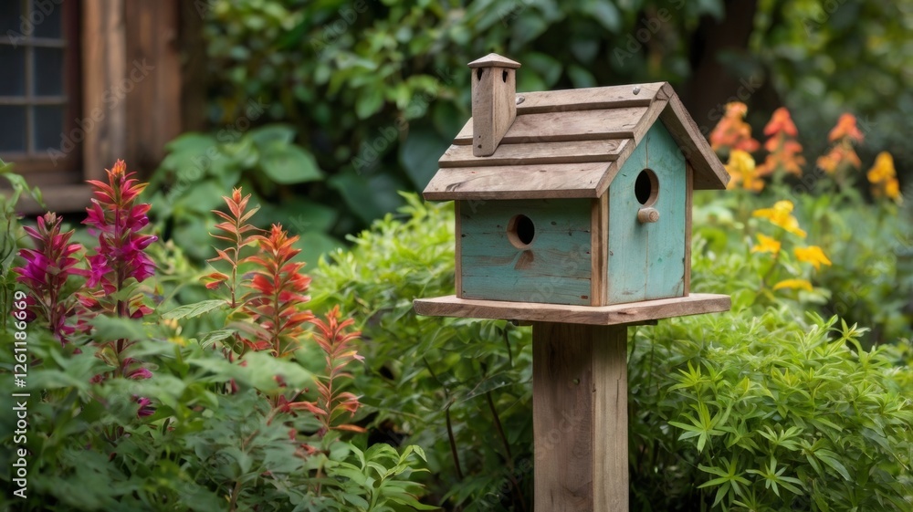 A charming birdhouse nestled among vibrant greenery, showcasing a rustic design that invites birds to make it their home A charming birdhouse nestled among vibrant greenery, showcasing a rustic design that invites birds to make it their home