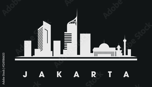 A stylized black and white image of the Jakarta skyline, the capital of Indonesia. Iconic buildings and landmarks in a minimalist silhouette design.