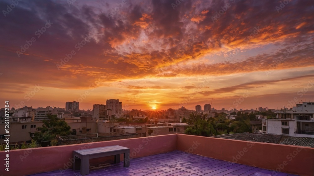 A breathtaking sunset view from a rooftop, showcasing vibrant hues of orange, pink, and purple in the sky A breathtaking sunset view from a rooftop, showcasing vibrant hues of orange, pink, and purple in the sky