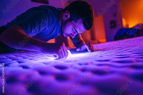 Man examining textured surface under vibrant light photo