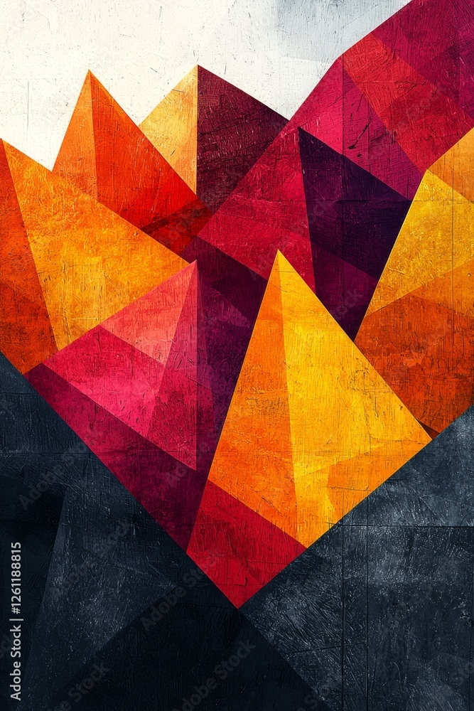 A painting of a mountain range with a red, yellow, and orange triangle pattern A painting of a mountain range with a red, yellow, and orange triangle pattern
