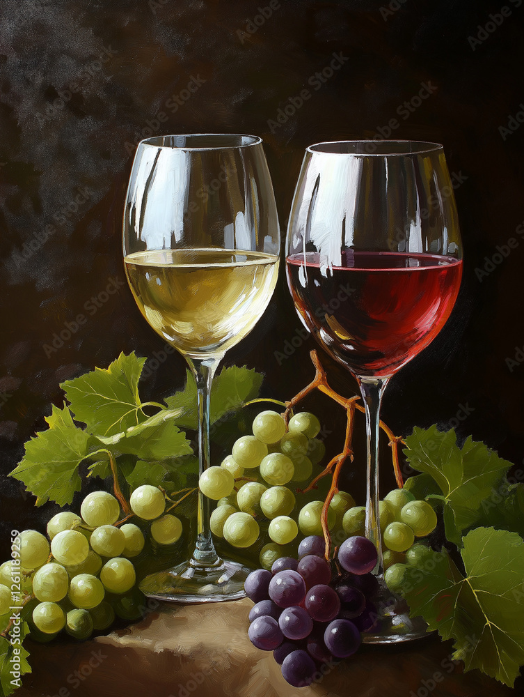 Painted still life of wine glasses with grapes and vines Painted still life of wine glasses with grapes and vines
