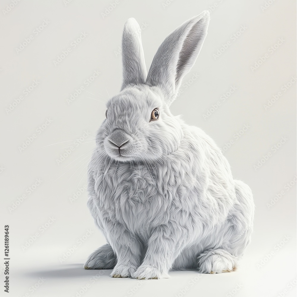 Obraz premium Fluffy White Bunny Sitting on a Light Background with Soft Features