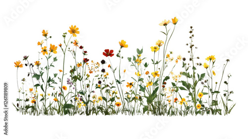 Wildflowers blooming with transparent background: vibrant summer meadow