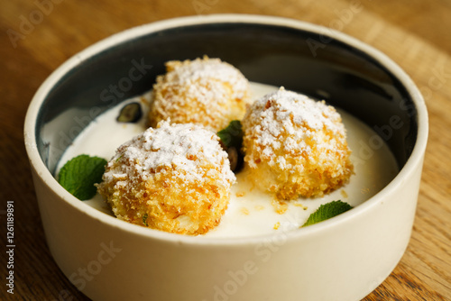 Fried cottage cheese dumplings with vanilla sauce