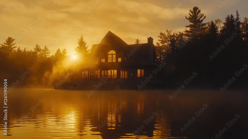 Fototapeta premium Sunrise Silhouette Of Lake House Amongst Trees