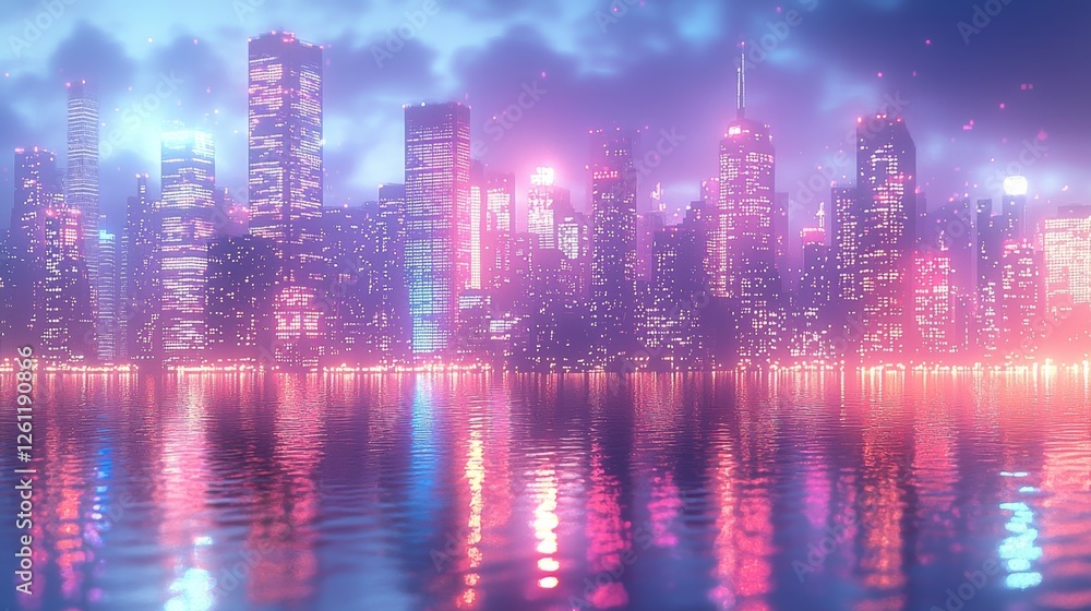 A city skyline at night reflected in the water A city skyline at night reflected in the water