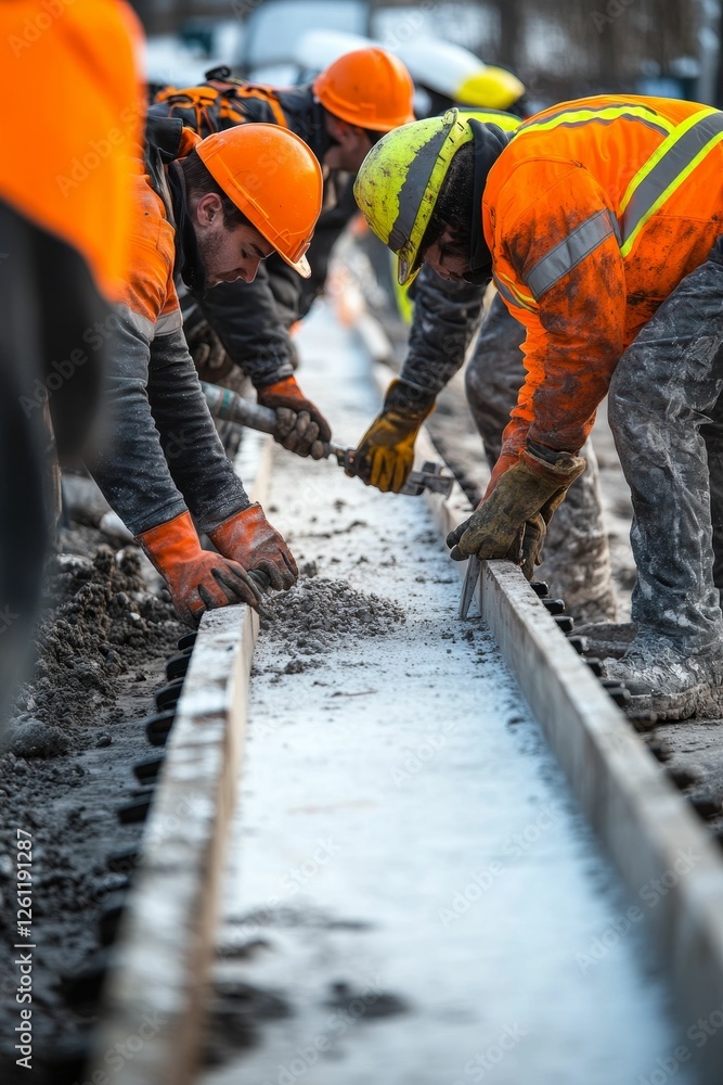 Workers pour concrete, winter construction project Workers pour concrete, winter construction project