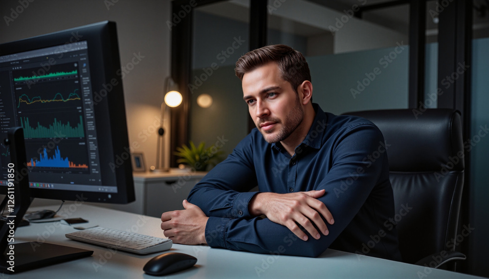 An overworked corporate employee at his desk analyzing complex data on a transparent computer, fatigue from working in the office An overworked corporate employee at his desk analyzing complex data on a transparent computer, fatigue from working in the office