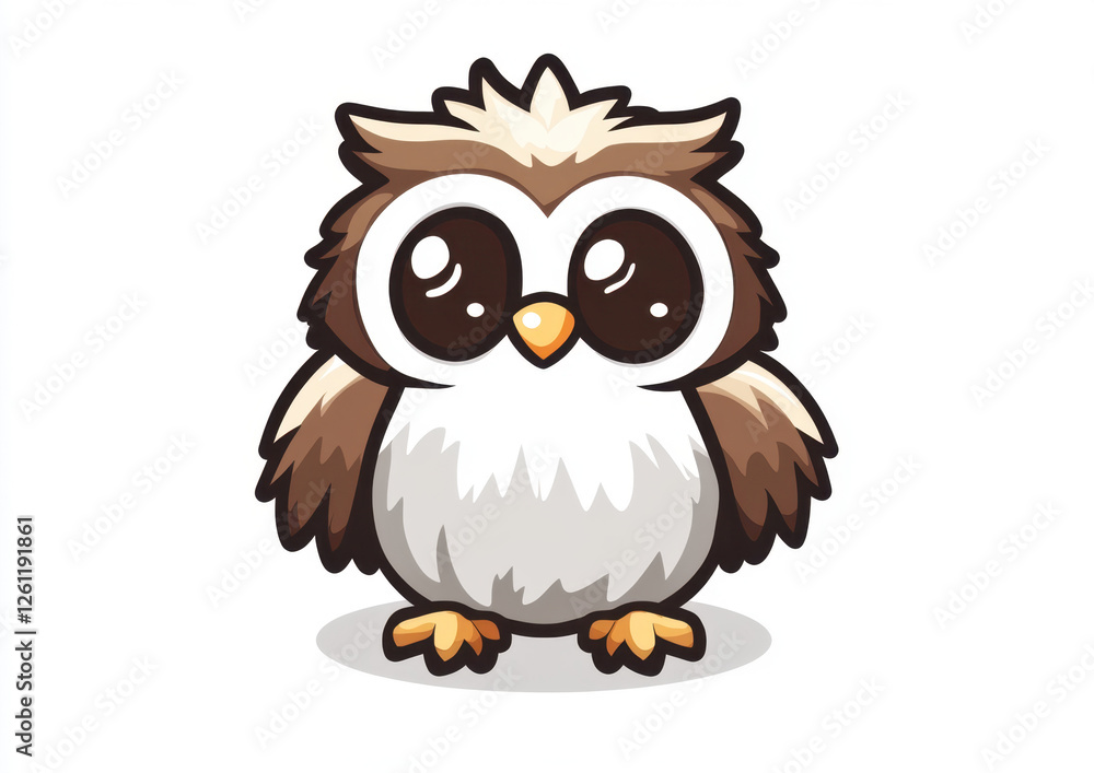 Obraz premium Chibi owl has fluffy brown and white feathers, large expressive eyes, and is adorably standing on a flat surface with a cheerful expression