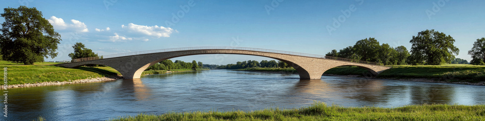 An elegant arch bridge spans a calm river surrounded by lush greenery and trees. Concept of tranquility and architectural beauty. For nature or travel photo. An elegant arch bridge spans a calm river surrounded by lush greenery and trees. Concept of tranquility and architectural beauty. For nature or travel photo.