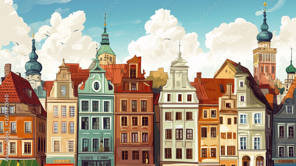 Obraz premium Illustration, Cityscape of Poznan in Poland , touristic advertisement poster. Beautiful old historical houses in the city centre. Touristic must-see city eastern Europe. Beautiful travel destination