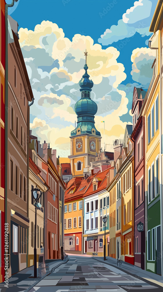 Naklejka premium Illustration, Cityscape of Poznan in Poland , touristic advertisement poster. Beautiful old historical houses in the city centre. Touristic must-see city eastern Europe. Beautiful travel destination