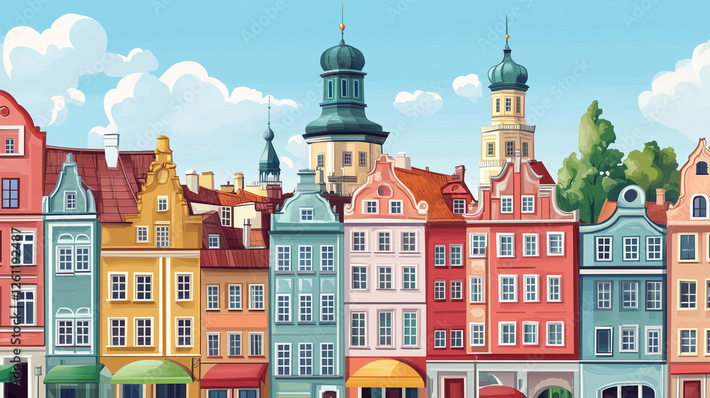 Illustration, Cityscape of Poznan in Poland , touristic advertisement poster. Beautiful old historical houses in the city centre. Touristic must-see city eastern Europe. Beautiful travel destination Illustration, Cityscape of Poznan in Poland , touristic advertisement poster. Beautiful old historical houses in the city centre. Touristic must-see city eastern Europe. Beautiful travel destination