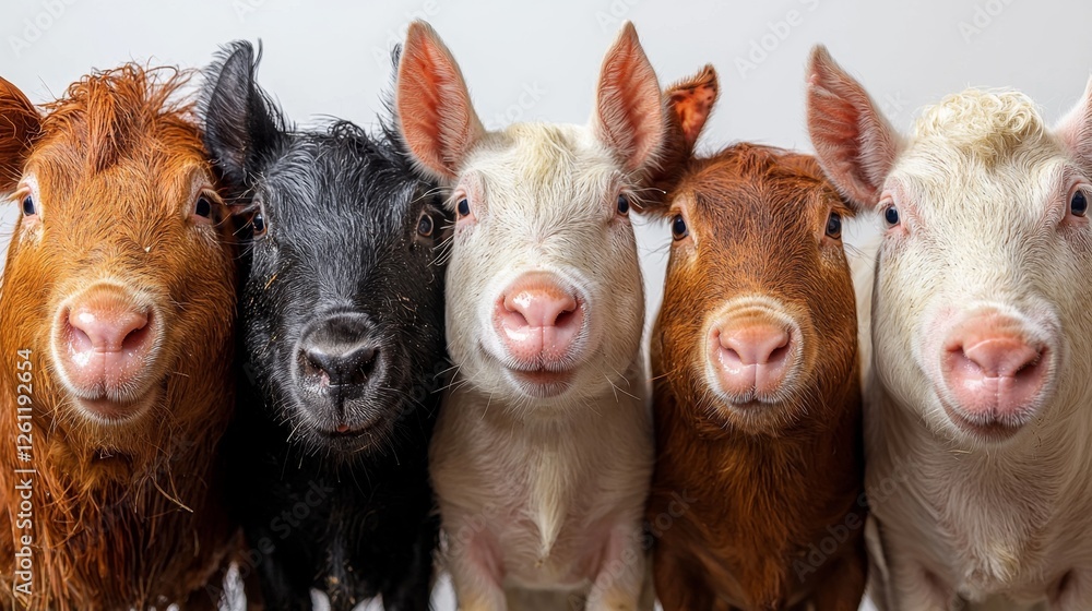 A group of four different colored goats standing next to each other A group of four different colored goats standing next to each other