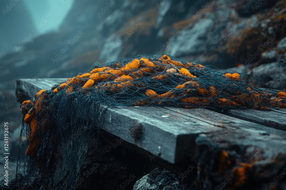 Fototapeta premium A dark, weathered wooden plank holds a fishing net laden with orange-tinted sea-soaked treasures, hinting at a coastal story.
