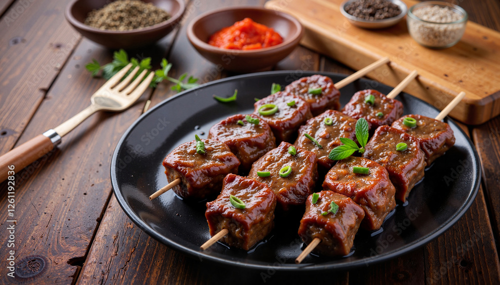 Fototapeta premium Juicy lamb skewers sizzling on rustic plate, culinary delight