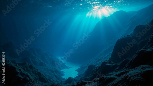 Towering underwater mountains, glowing blue light, undulating shape, plankton, oceanic abyss.