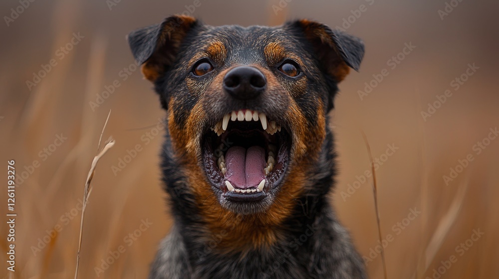 A close up of a dog with its mouth open in a field A close up of a dog with its mouth open in a field