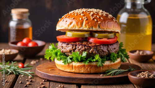 Gourmet lamb burger with fresh toppings on rustic countertop, culinary delight