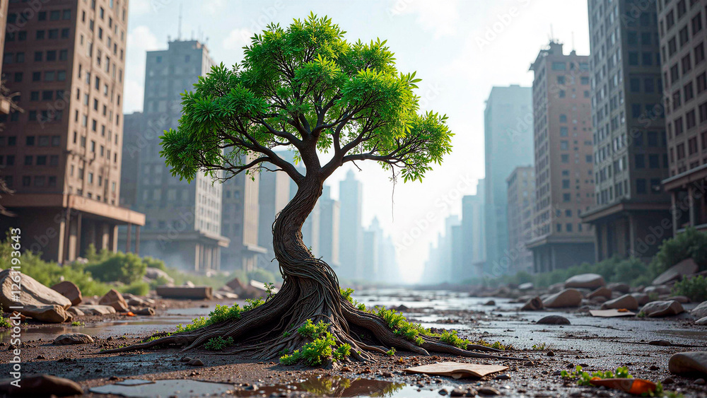 Obraz premium A lone tree grows from cracked pavement, surrounded by tangled vines and shattered glass amidst steel skyscrapers.