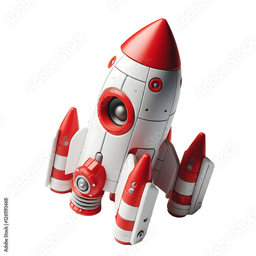 a red and white toy rocket isolated on white background