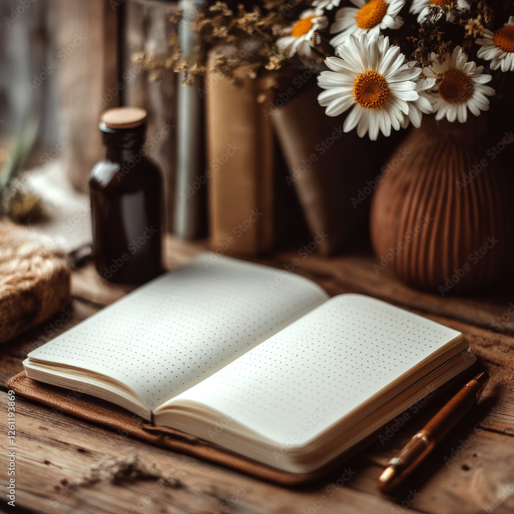Open dotted notebook on wooden table with pen and daisy vase nearby. Concept of creativity and inspiration. For journaling ideas.
