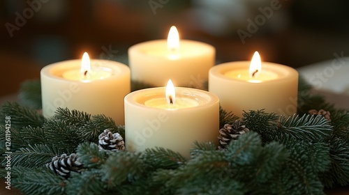 Four candles burning, evergreen wreath, home interior, cozy ambiance, holiday decoration