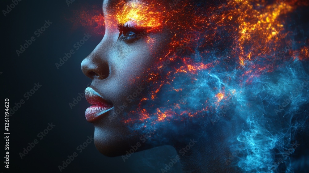 A woman's face is covered in fire and smoke A woman's face is covered in fire and smoke