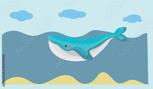 children's illustration whale in the ocean with clouds and sand