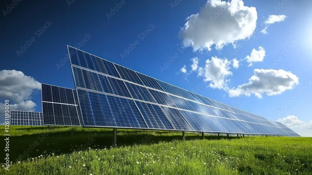 Sustainable Energy Solutions, Solar Panels in a Verdant Field Under Blue Skies Sustainable Energy Solutions, Solar Panels in a Verdant Field Under Blue Skies