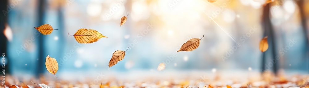 Golden leaves gently falling in an autumn forest, peaceful atmosphere Golden leaves gently falling in an autumn forest, peaceful atmosphere